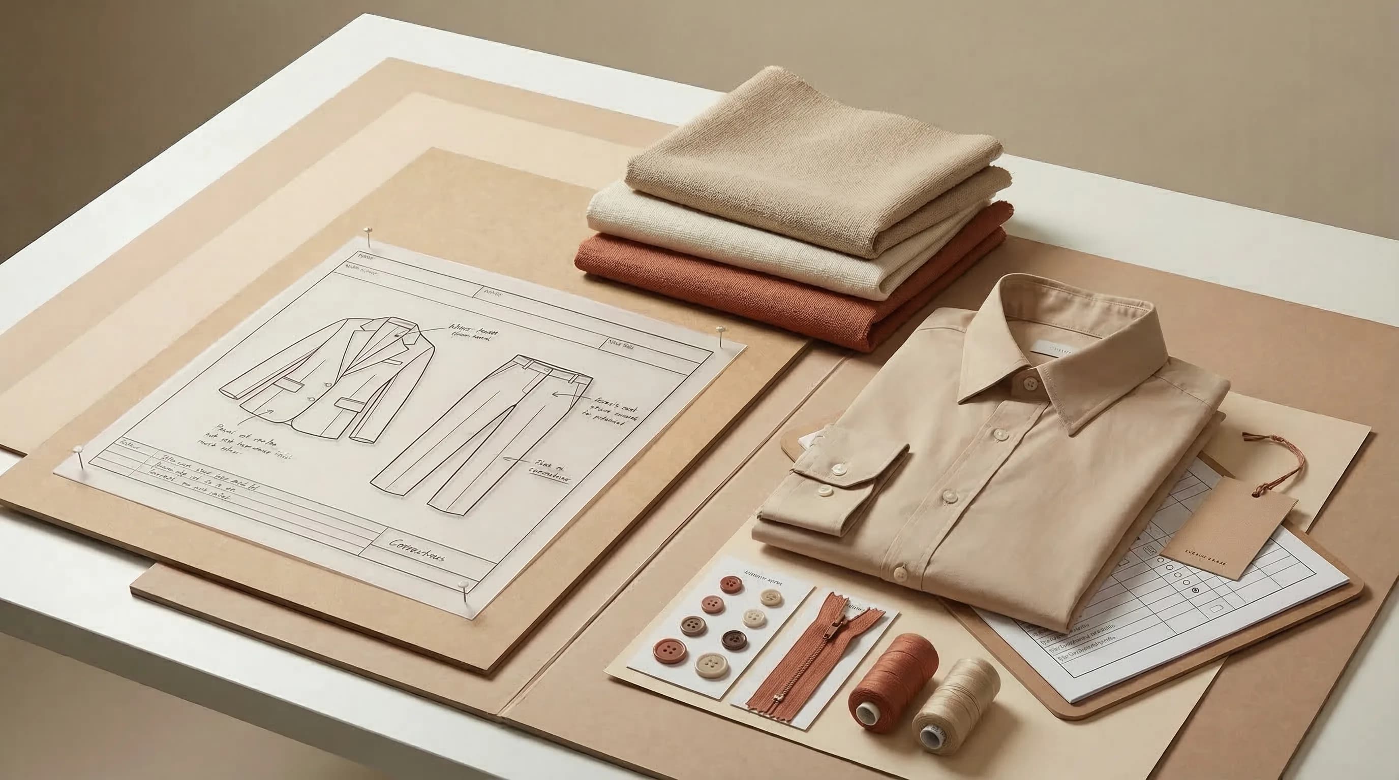 Editorial garment handoff setup with folded shirt, trims, threads, and a technical reference board