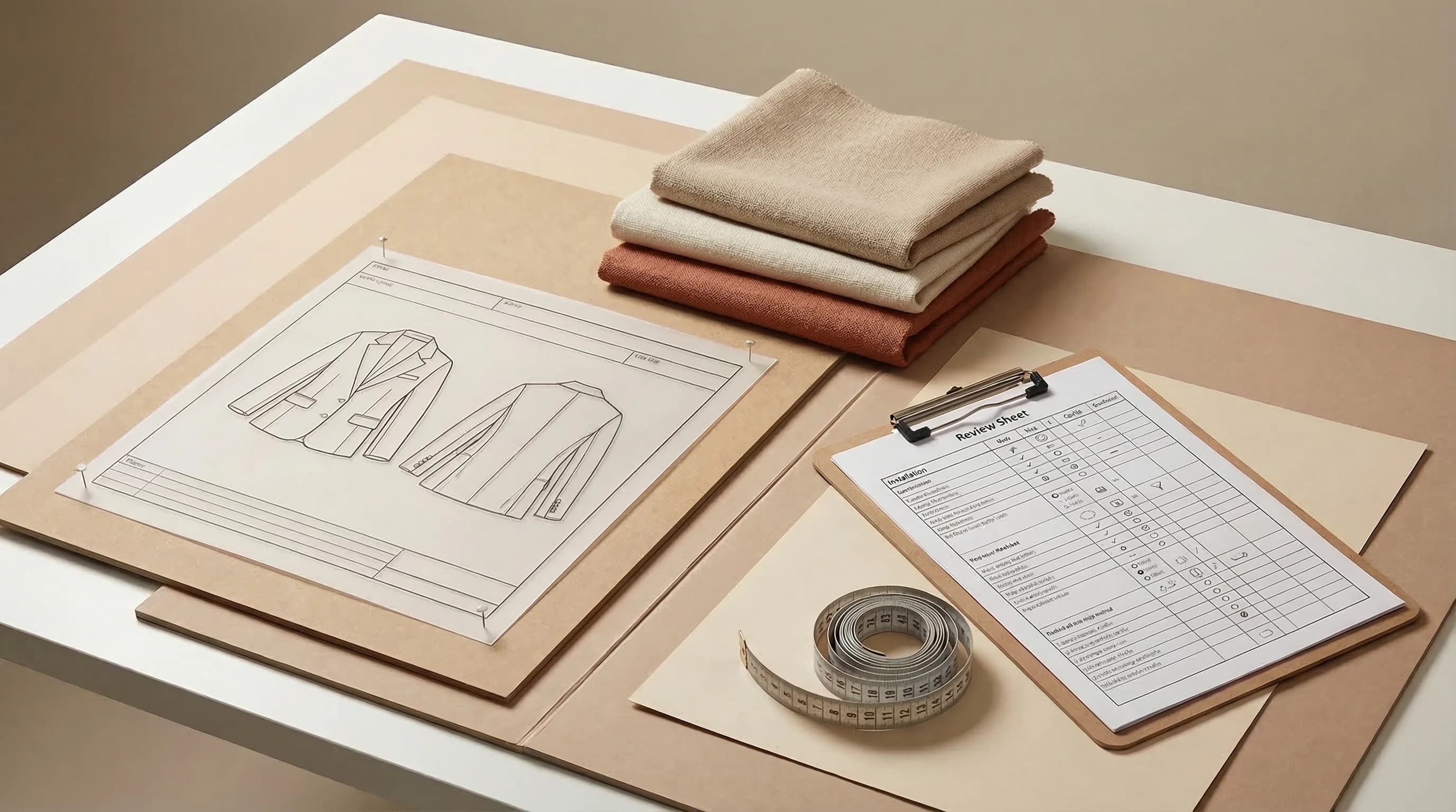 Editorial fashion tech pack setup with garment flats, folded swatches, and measurement tools