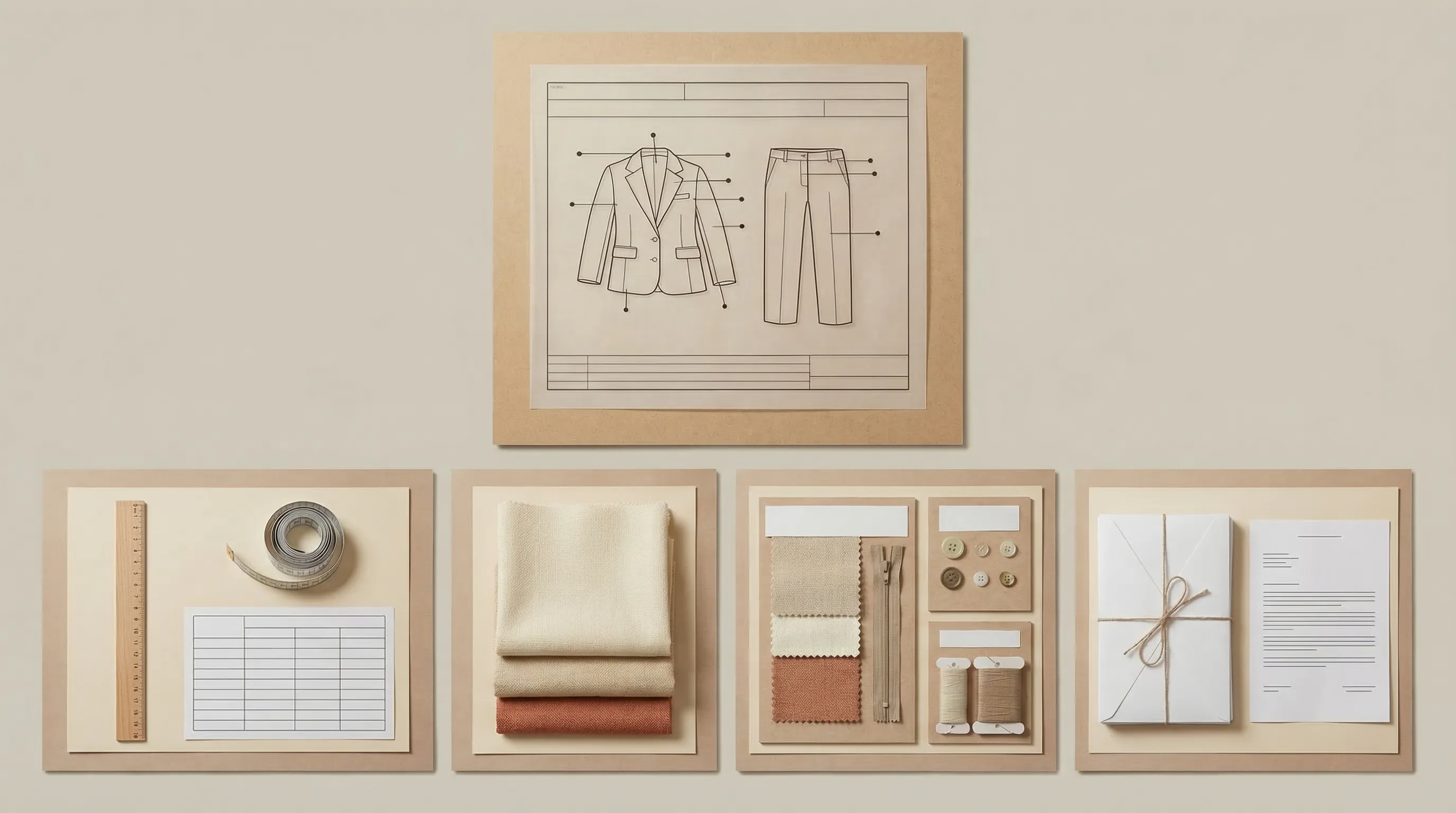 Editorial grid showing garment definition, specs, fabrics, trims, and packaging as distinct tech pack sections