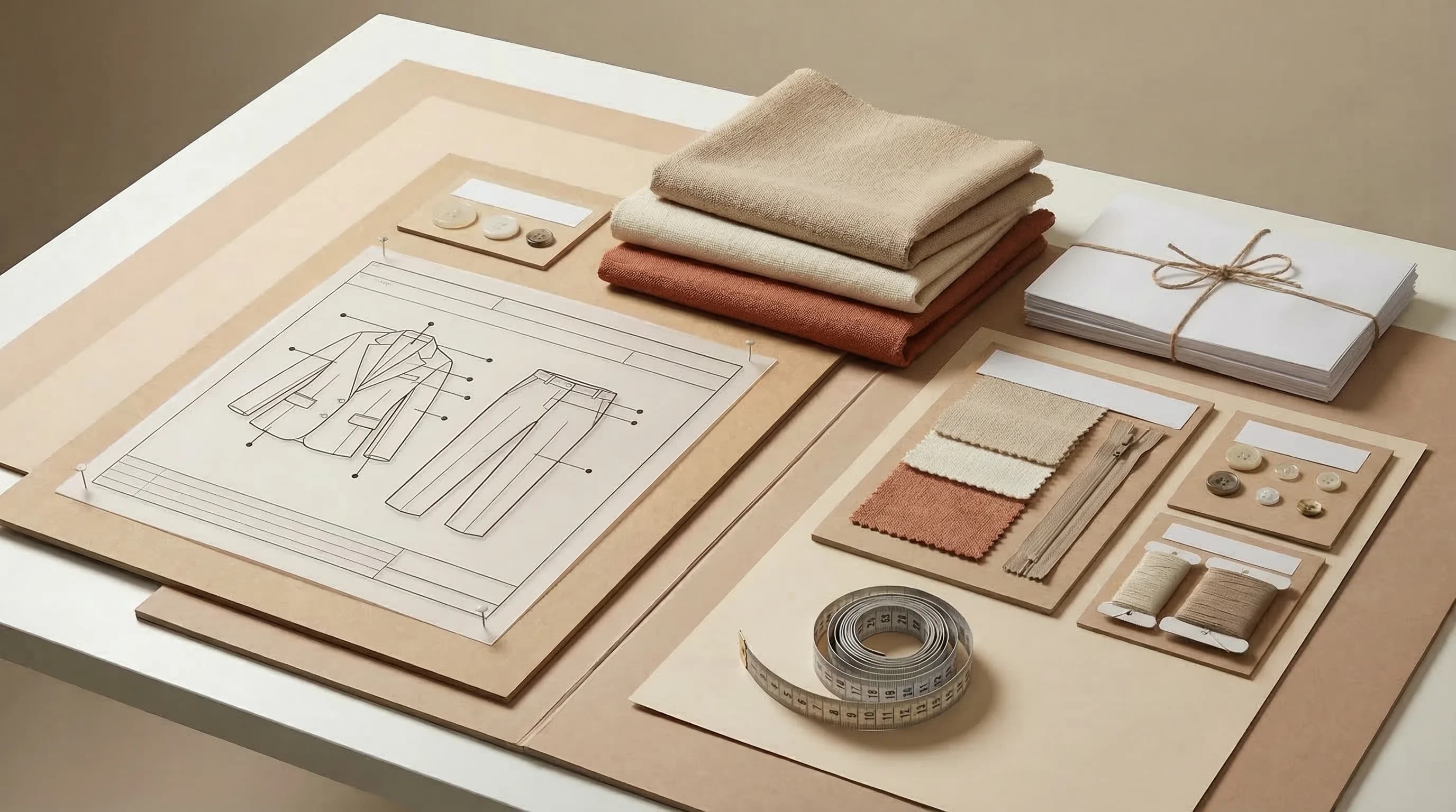 Editorial composition showing garment flats, material swatches, trims, and a packaged handoff set