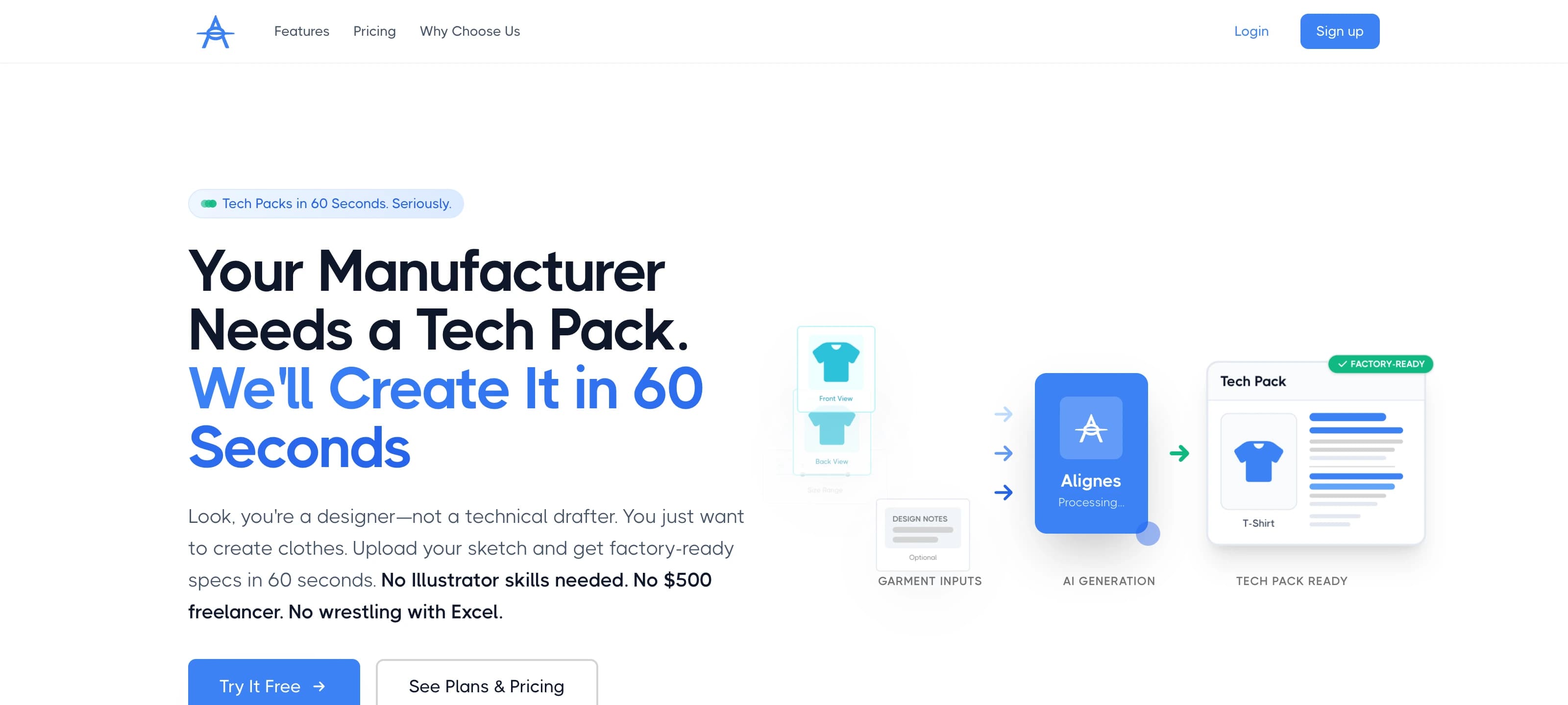 Alignes interface showing garment inputs, size range, and tech pack output in one workflow view